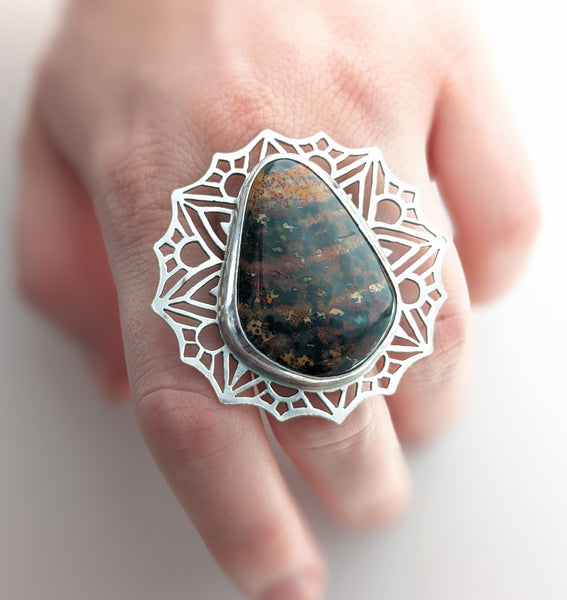 Mandala Bloodstone Ring, Size 8.5