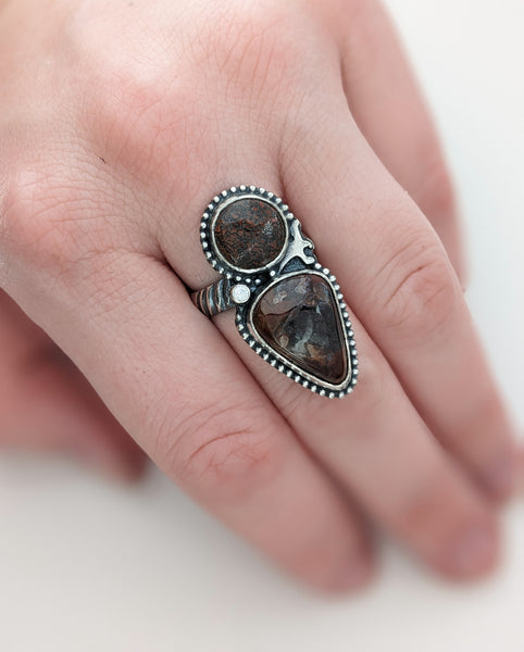 Dinosaur Bone and Banded Agate Ring, Size 6