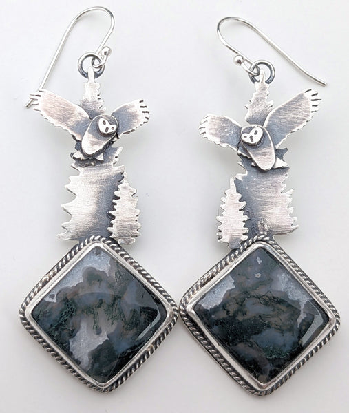 Moss Agate Owl Earrings