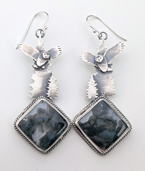 Moss Agate Owl Earrings