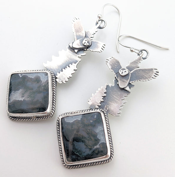 Moss Agate Owl Earrings