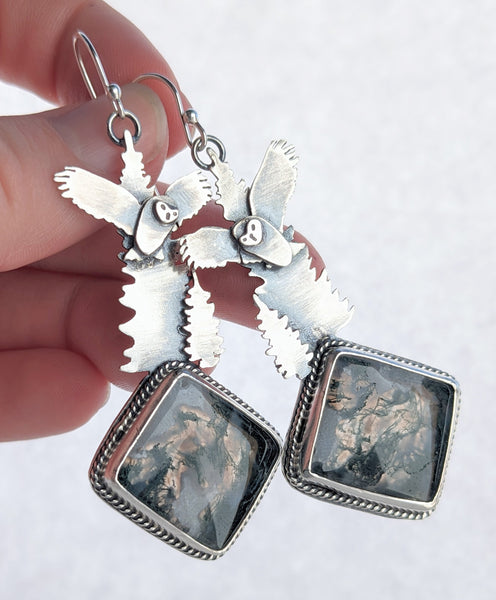 Moss Agate Owl Earrings