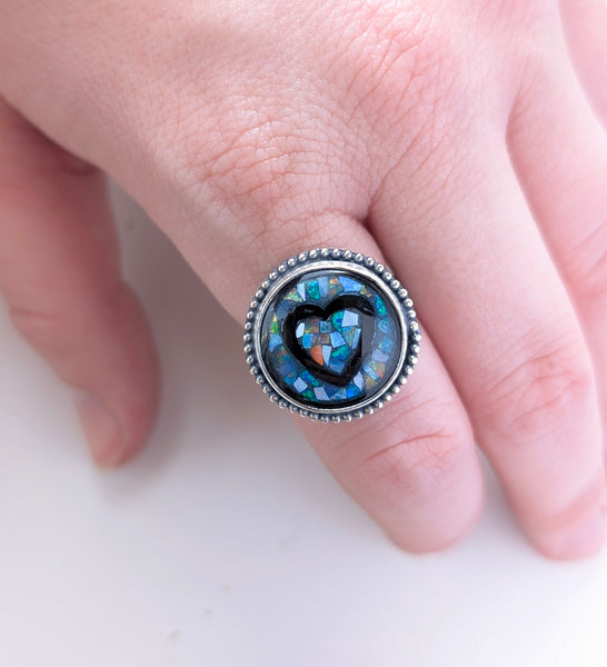 Mosaic Opal Heart Ring, Size 7