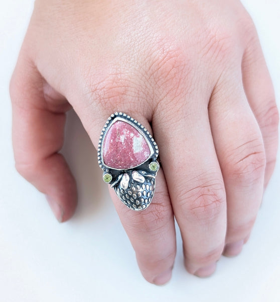 Thulite and Peridot Strawberry Ring, Size 7