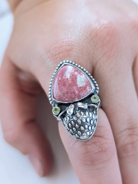 Thulite and Peridot Strawberry Ring, Size 7
