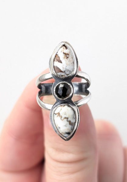 White Buffalo Turquoise and Smoky Quartz Ring, Size 5.5