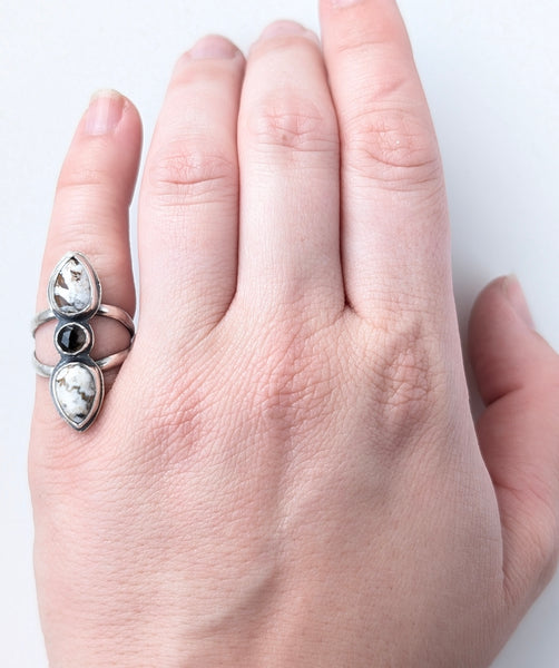 White Buffalo Turquoise and Smoky Quartz Ring, Size 5.5