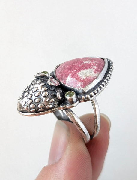 Thulite and Peridot Strawberry Ring, Size 7