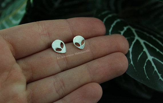 Sterling silver space, alien earrings made by An American Metalsmith