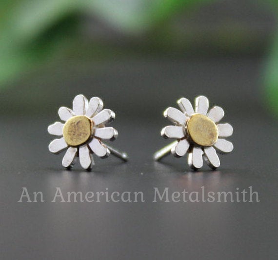 Sterling silver brass daisy earrings handmade by An American Metalsmith