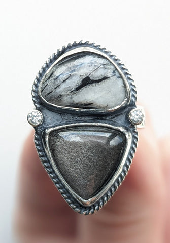 Silver Sheen Obsidian and Chrysanthemum Stone Ring Size 6