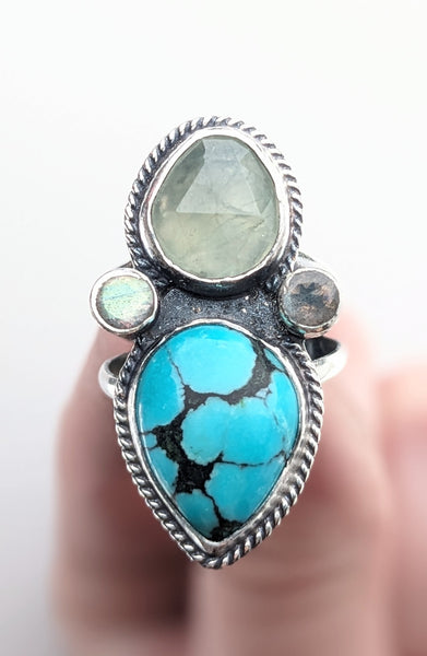 Prehnite and Turquoise Ring Size 8