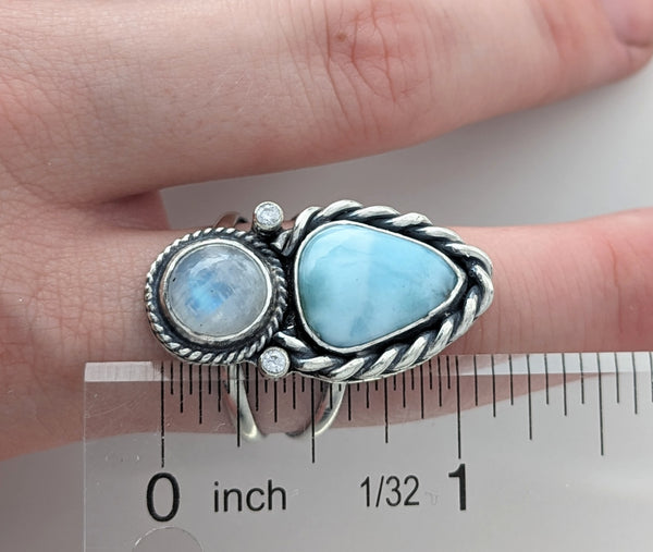 Larimar, Moonstone and CZ Ring, Size 10