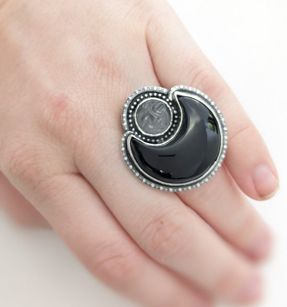 Black Onyx Moon and Sleepy Moonstone Face Ring, Size 9
