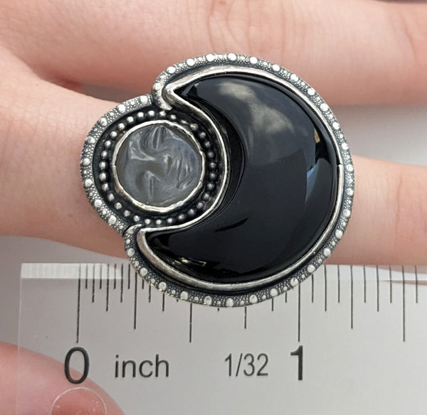 Black Onyx Moon and Sleepy Moonstone Face Ring, Size 6.5