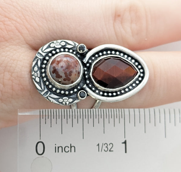 Red Tigers Eye and Ocean Jasper Ring, Size 8.5