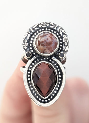 Red Tigers Eye and Ocean Jasper Ring, Size 8.5