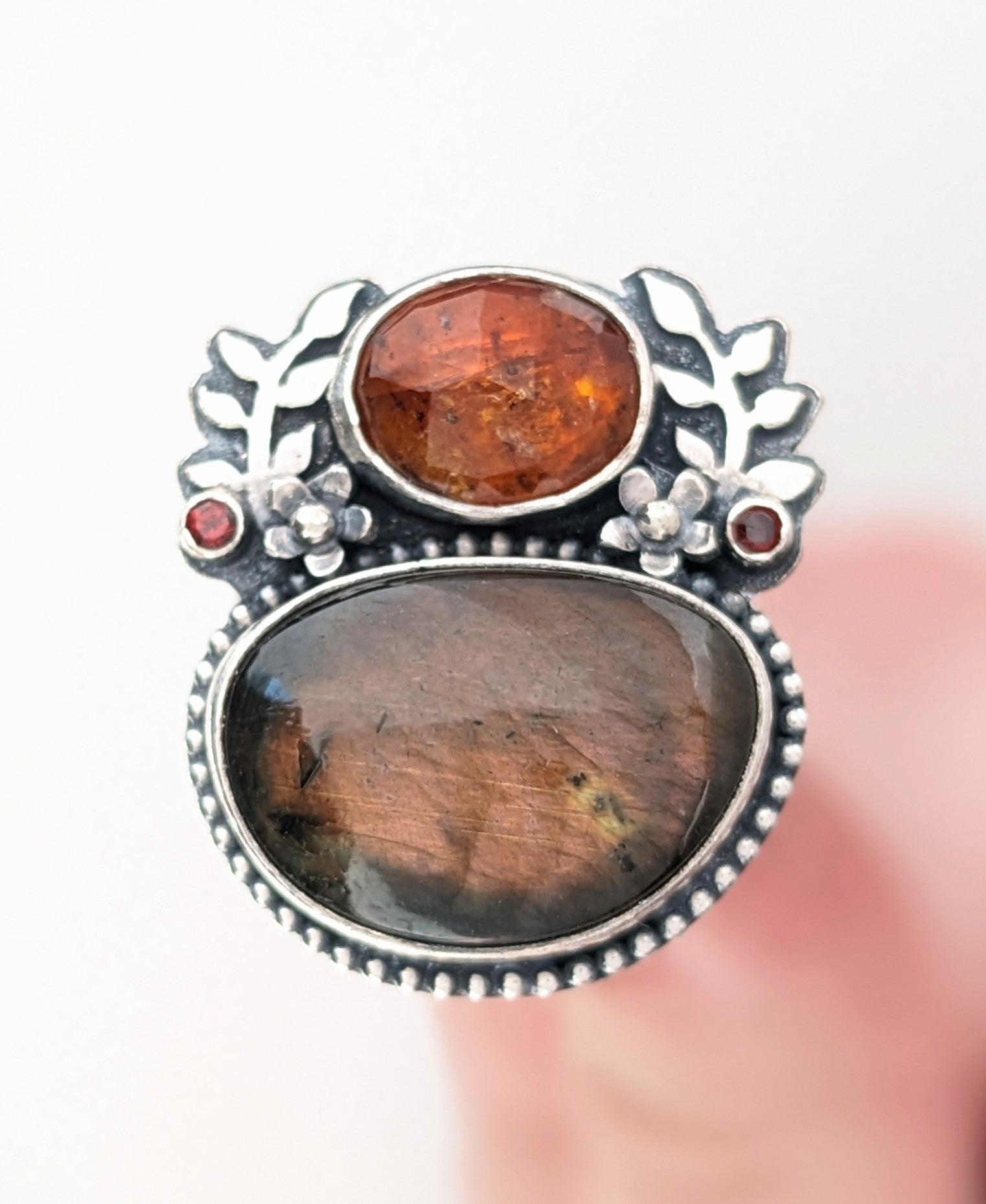 Kyanite, Labradorite and Garnet ring, size 9
