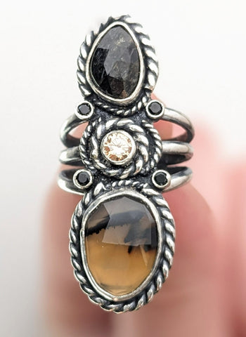 Montana Agate, Nuumite, CZ and Black Spenel Ring, Size 6.5