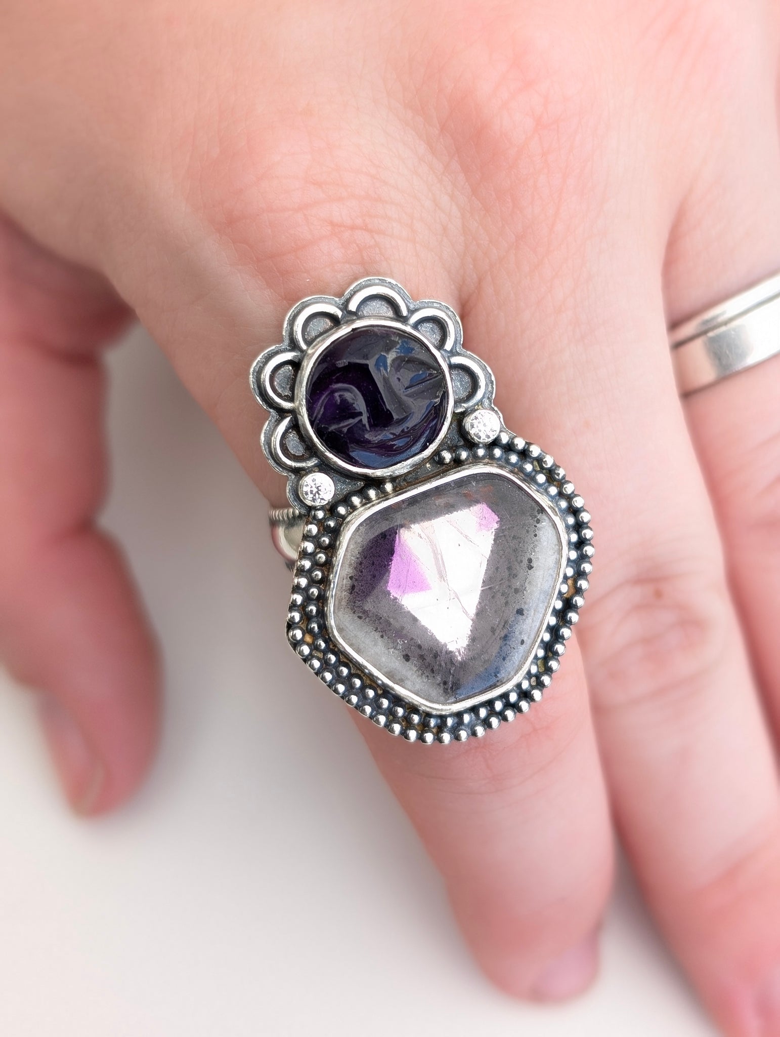 Amethyst and Atomic Amethyst Goddess ring, size 7