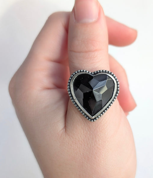 Black Onyx Heart Ring, Size 10.5