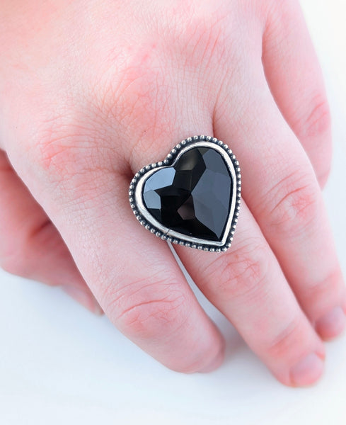 Black Onyx Heart Ring, Size 10.5