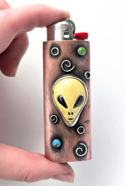 Alien and Turquoise Copper and Silver Lighter Cover