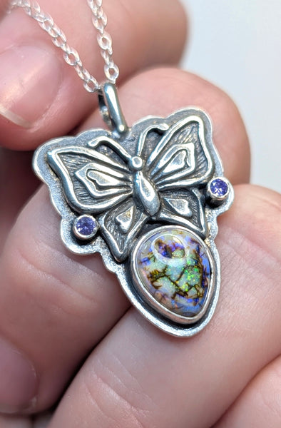 Sterling Opal Butterfly Necklace