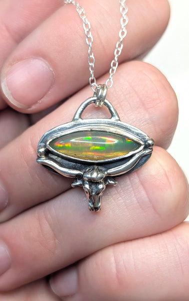 Ethiopian Opal and Bull Head Necklace