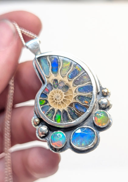 Ethiopian Opal and Ammonite Necklace with 14k Gold