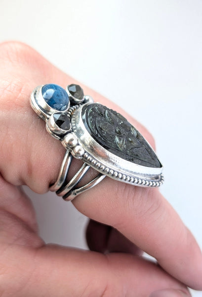 Labradorite, Appetite, Obsidian Ring, Size 7.5
