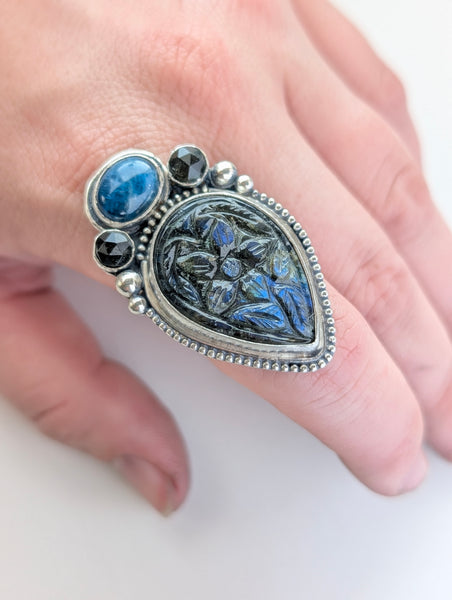 Labradorite, Appetite, Obsidian Ring, Size 7.5