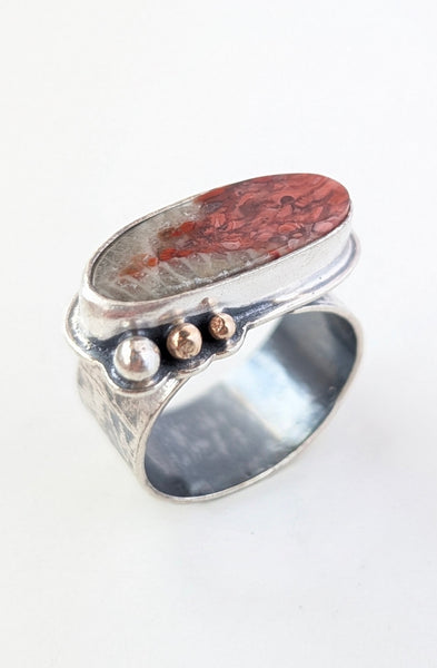 Red Horn Corral Ring with 14k Gold, Size 7.5