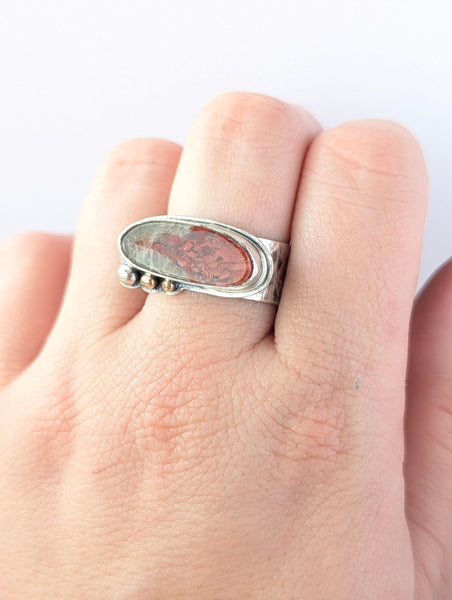 Red Horn Corral Ring with 14k Gold, Size 7.5