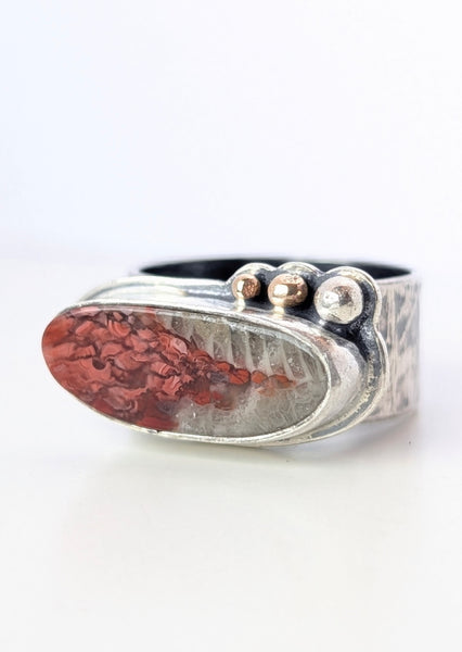 Red Horn Corral Ring with 14k Gold, Size 7.5