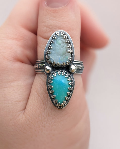 Carved Opal and Turquoise Ring size 9.25
