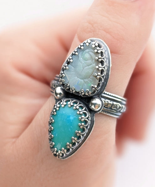 Carved Opal and Turquoise Ring size 9.25