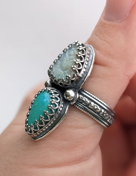 Carved Opal and Turquoise Ring size 9.25