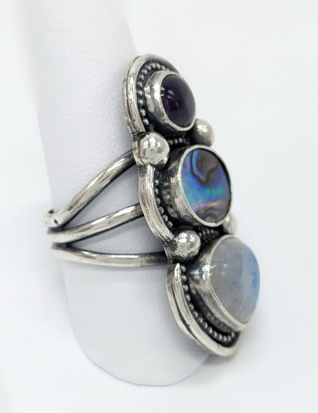 Amethyst, Abalone, and Moonstone Ring Size 8