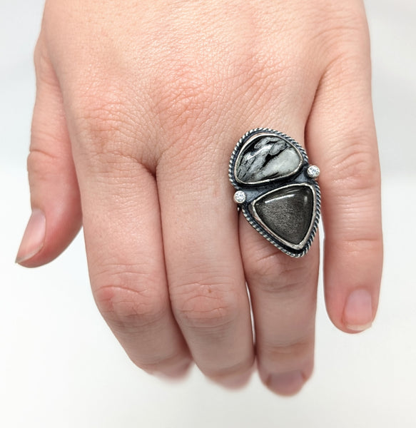 Silver Sheen Obsidian and Chrysanthemum Stone Ring Size 6