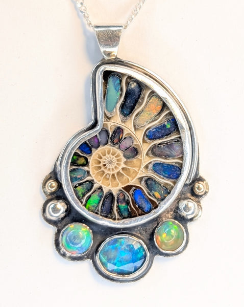 Ethiopian Opal and Ammonite Necklace with 14k Gold