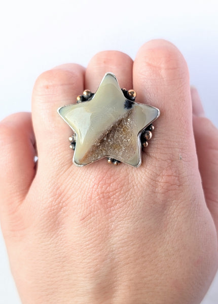 Druzy Agate Star Ring, Size 9.5