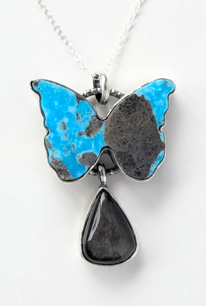 Turquoise Butterfly and Silver Sheen Obsidian Necklace