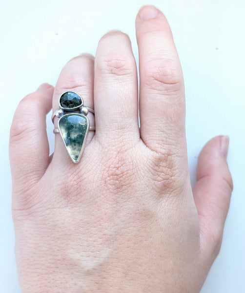 Emerald and Moss Agate Ring, Size 7