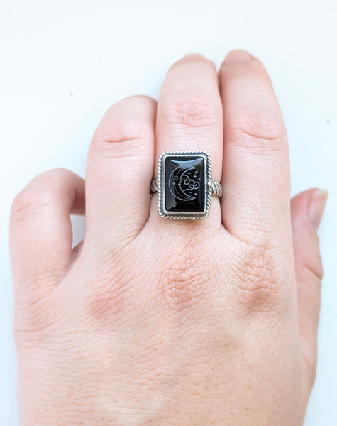 Engraved Black Onyx Ring, Size 7
