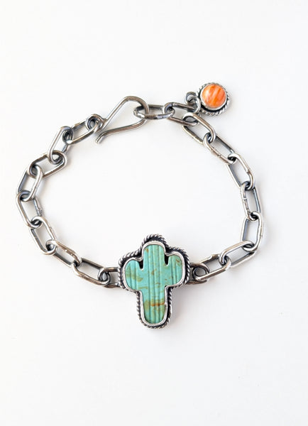 Turquoise and Spiny Oyster Sterling Silver Chain Bracelet