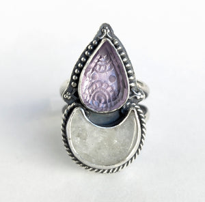 Carved Amethyst and Quartz Ring, Size 7