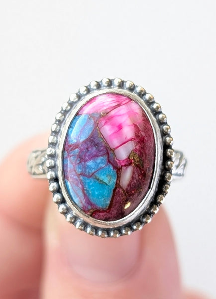 Spiny Oyster and Kingman turquoise mix Ring, Size 5.5