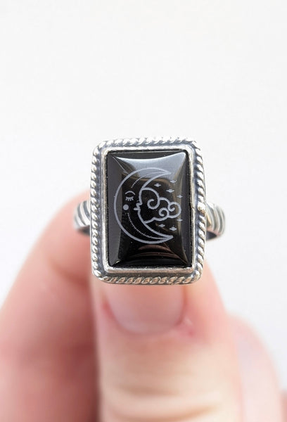 Engraved Black Onyx Ring, Size 7