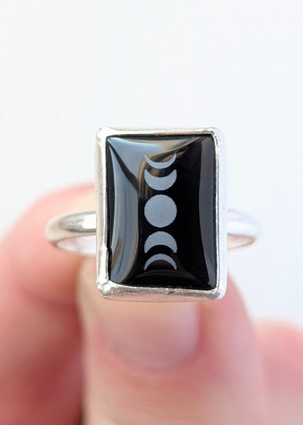 Black Onyx Moon Phase Ring, Size 7.5